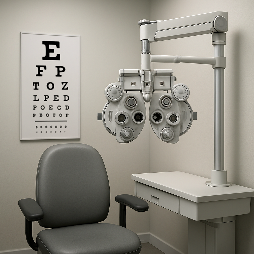 Modern optometry examination room with professional eye testing equipment