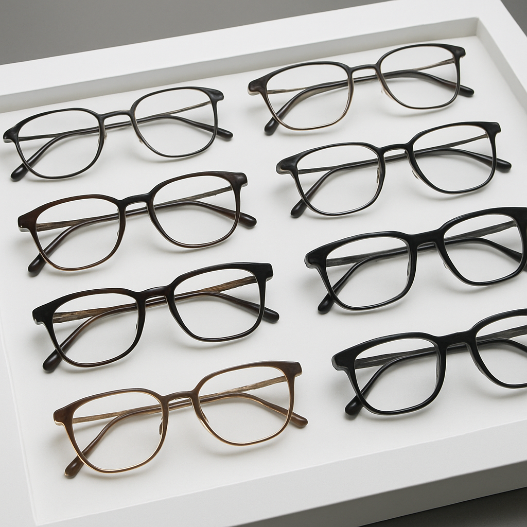 Collection of stylish prescription eyeglasses frames on display
