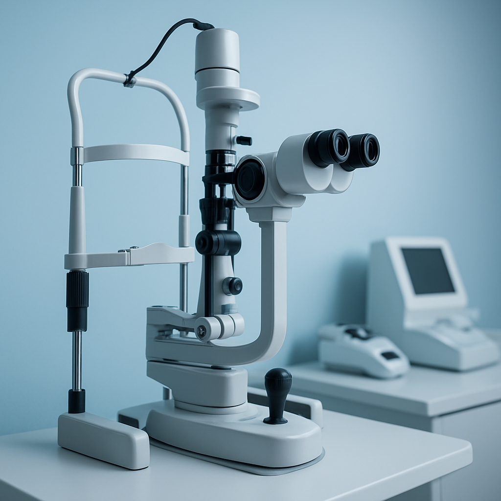 Professional optometry eye testing equipment in a clinical setting
